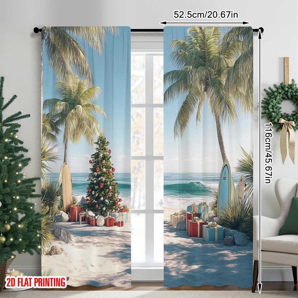 Set Of 2 Flat Printing Merry Christmas Drapes Beach Tree Surfboard Gifts Polyester Without Electricity Spring Use Curtain