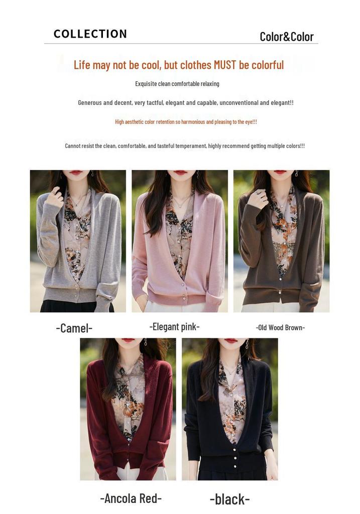 Women's Autumn Patchwork Knit Wool Cardigan - V-Neck Sweater Coat