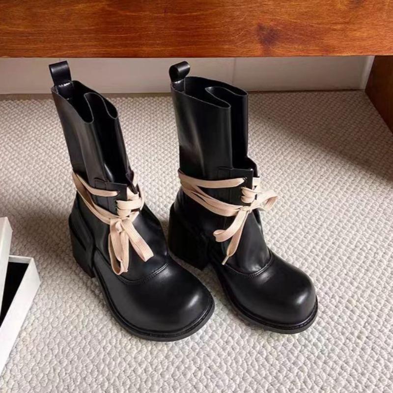 Platform Heightened Bundle Lace-up Booties 2025 Summer New Round Toe Block Heel Skinny Non-slip Stack Boots