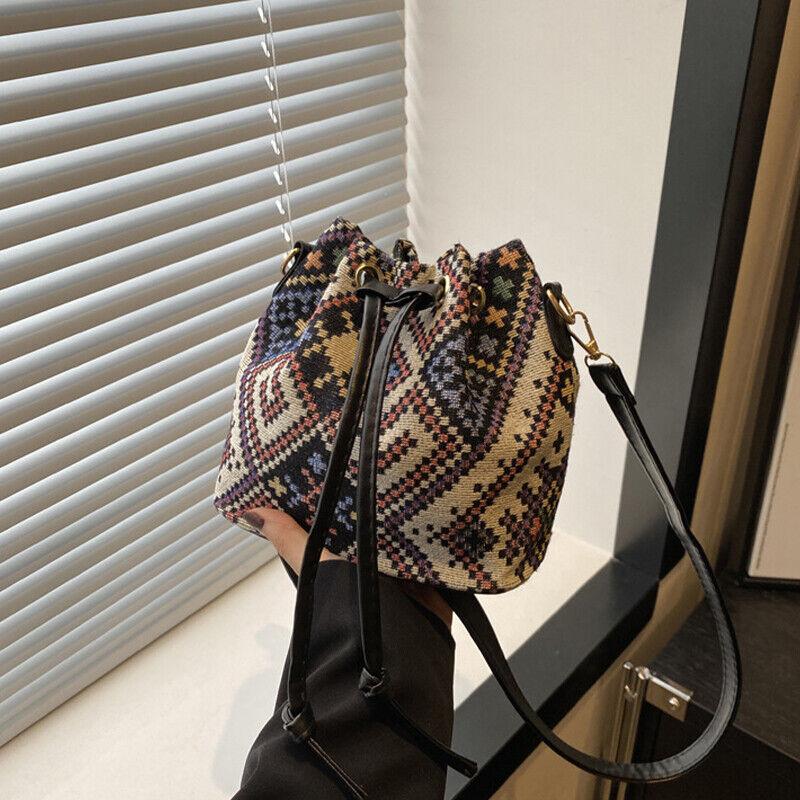 

1Pc Women s Floral Ethnic Style Linen Fabric Bucket Bag Crossbody Shoulder Handbag Luxury Designer Fashion Accessories