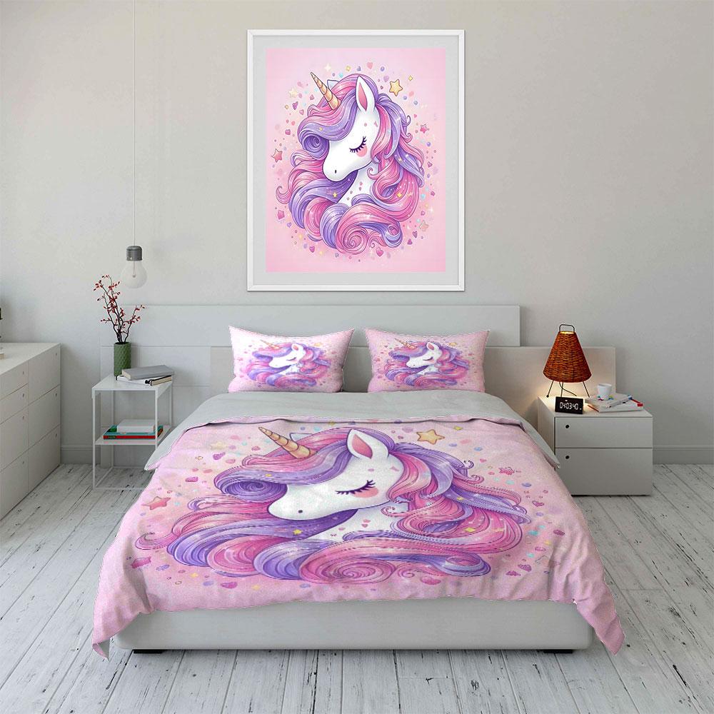 Dreamy Unicorn In Pink And Purple Print Bedding Set 1 Duvet Cover 2 Pillowcases For Adult And Children Luxury Gift Full Size