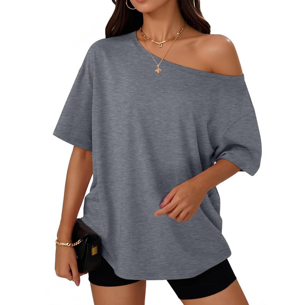 Women's Fashion Off-Shoulder T-Shirt Solid Color Loose-Fit Short Sleeve Top