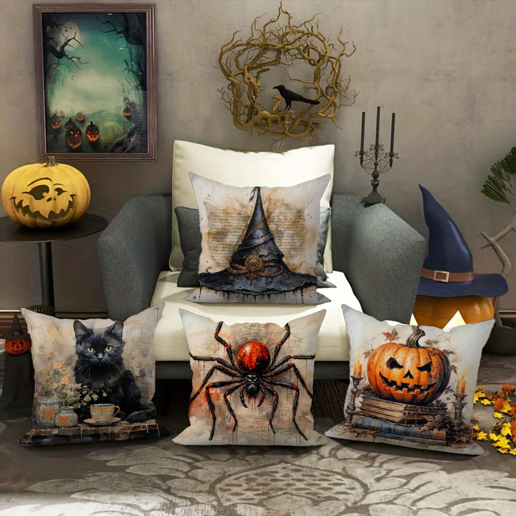 1pc Halloween Pillowcase Terrifying Decoration Black Cat Spider Terrifying Pumpkin Witch Hat Design