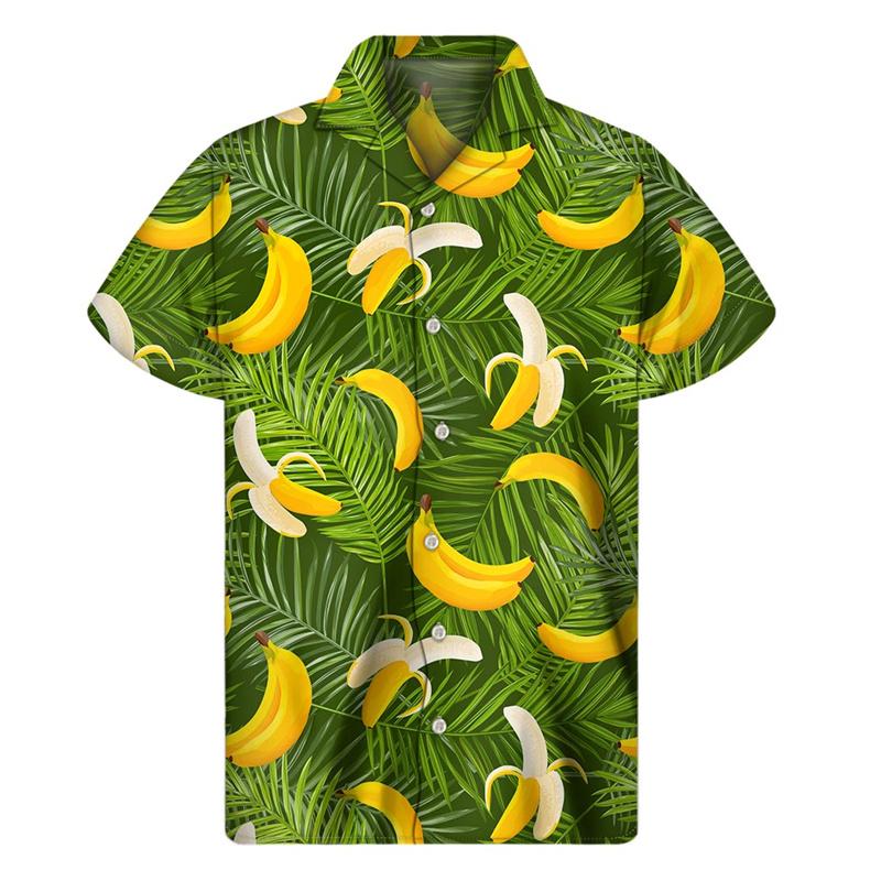 Men Summer Vacation Tropical Plants Pattern Short Sleeves Hawaiian Shirts Button Lapel Aloha Blouse