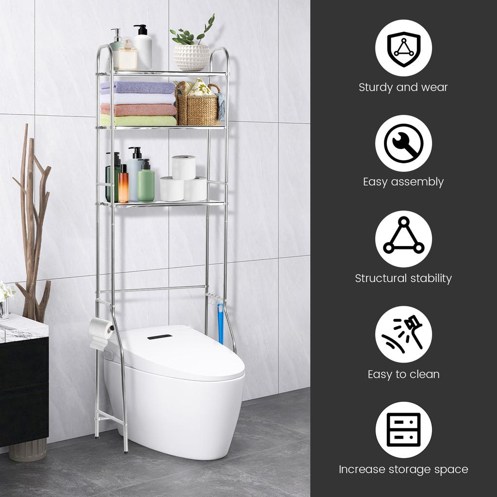 3 Tier Over The Toilet Storage Rack with Hooks and Roll Holder Bathroom Floor-standing Toilet Storage Rack Stainless Steel Shelf
