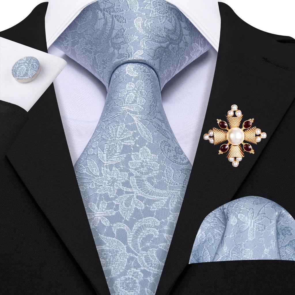 Pearl Brooch with Silk Tie for Men Vintage Floral Teal Necktie Hanky Cufflinks Gift Formal Set