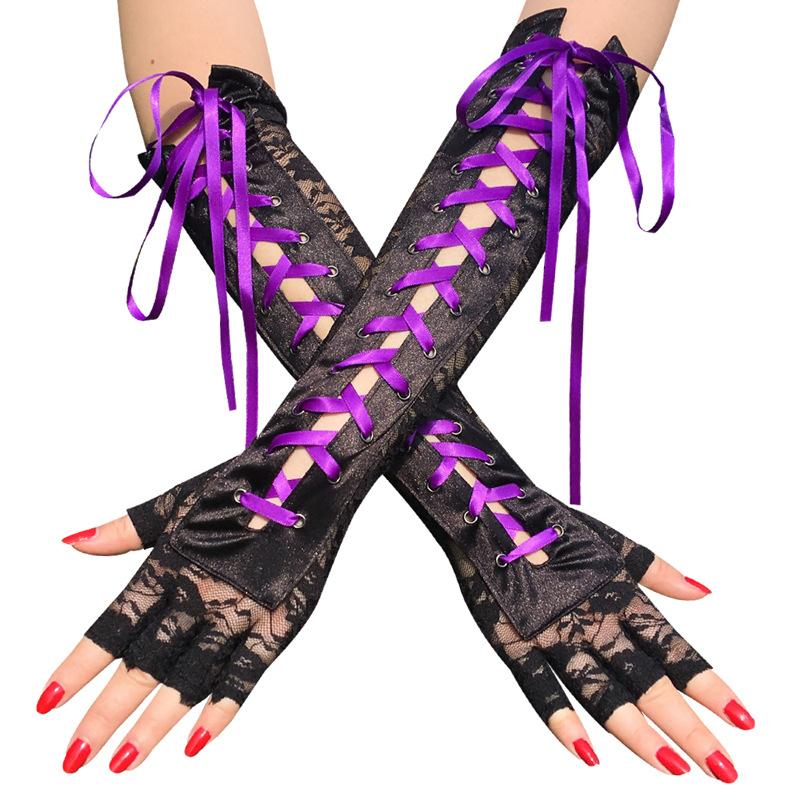 

Women Sexy Lace Long Gloves Elbow Length Half-Finger Gloves Ribbon Fingerless Fishnet Mesh Ceremonial Party Cosplay Lolita Glove One Size