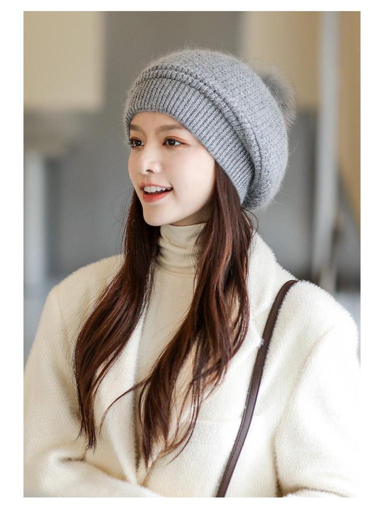 Women's Double-Layer Warm Rabbit Hair Knit Hat with Ear Protection - Japanese Style for Autumn & Winter