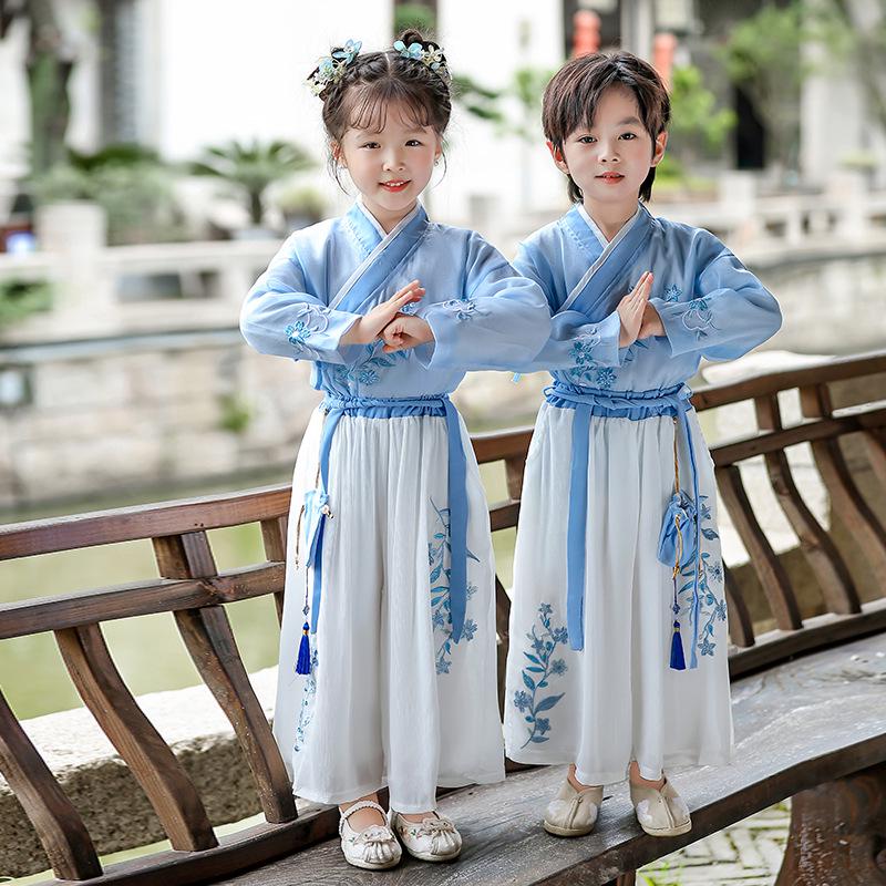 Kids' Hanfu Autumn Performance Costume Set: Tang Suit Robe & Pouch for Boys and Girls (2023)