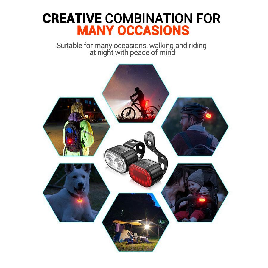 Bicycle Front & Rear Light USB Rechargeable LED Headlight Taillight Portable Floodlight Cycling Night Riding Lighting Accessory