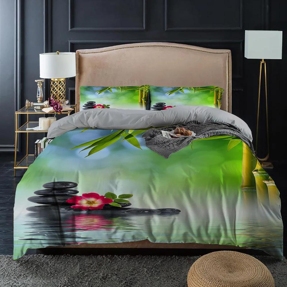 Zen Stone Green Bamboo Duvet Set Three-Piece Set, Natural Landscape Printed Bedding Set