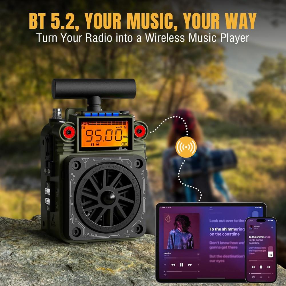 Radio AM FM SW Shortwave, przenośne mini radio ze sterowaniem APP, wymienna bateria, antena typu T, alarm SOS na kemping, alarm awaryjny