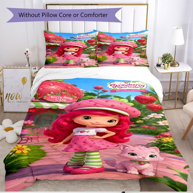 3pcs Duvet Cover Set (1*Duvet Cover + 2*Pillowcase, Without Core), Strawberry Shortcake Print Soft All‑Season Bedding Set, Home Bedroom Decor Gift