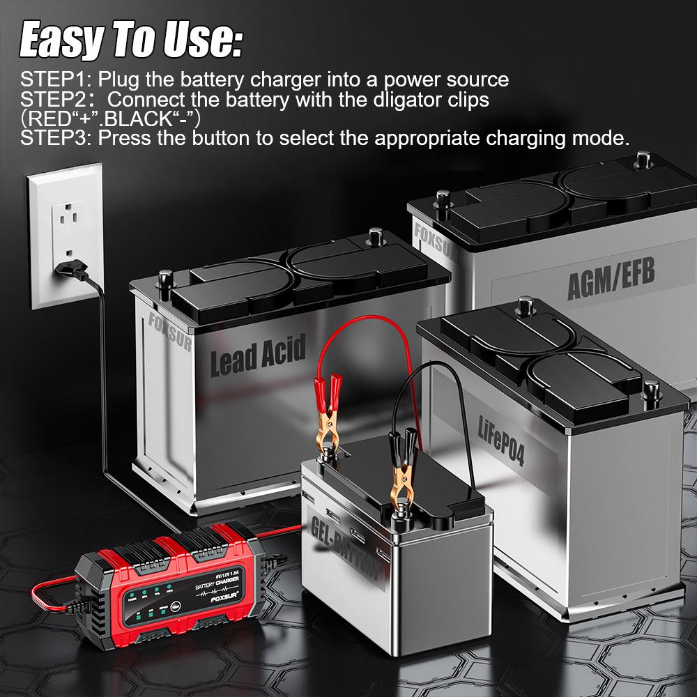 Full Intelligent Intelligent Pulse Repair Lead-Acid Battery Charger Car Motorcycle Battery 6V/12V 1.5A Multiple Protection Full Charge Self-stop