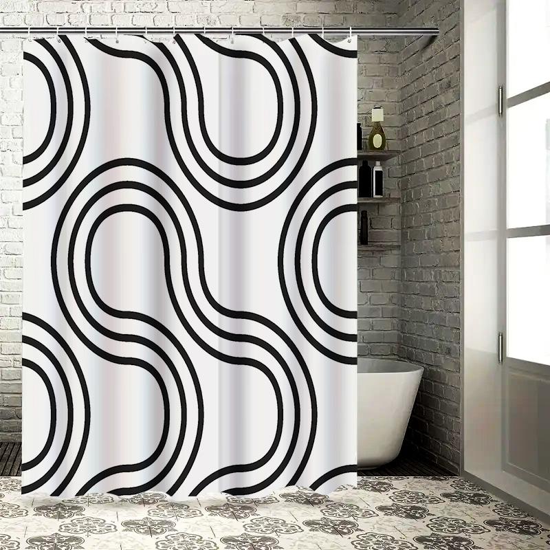 Black White Geometric Pattern Waterproof Mildew-Proof Shower Curtain Modern Minimalist Decor Suitable For Wet And Dry Separation