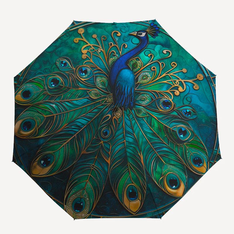 Peacock Feather Art Round Wall DecorUmbrella, Portable 3-Fold Compact Umbrella,Christmas Gift ES550