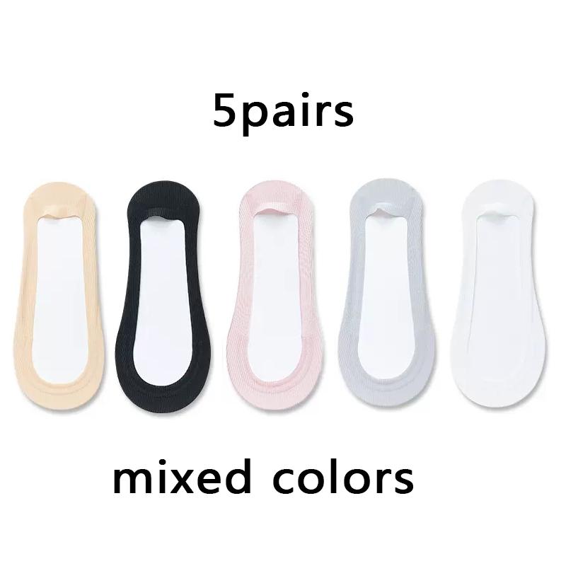 5pairs Non-slip Invisible Socks Slippers Seamless Ice Silk Boat Socks Summer Thin Solid Casual Breathable Low Cut Socks Women