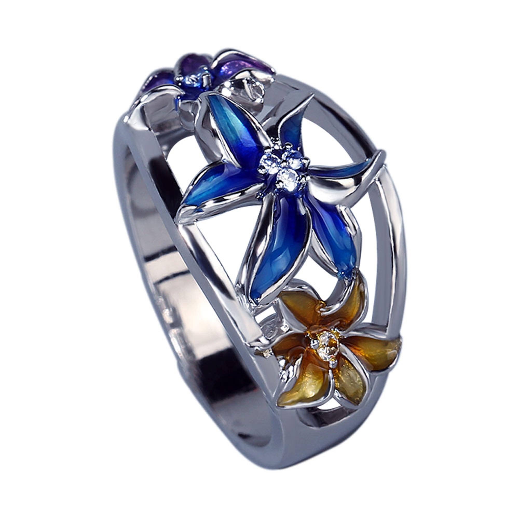 

Изысканное женское ювелирное кольцо с цирконом, эмаль ручной работы, эпоксидная смола, кольцо с фиолетовым цветком, посеребренное 925 пробы, женское кольцо с цирконом для коктейльной вечеринки 9