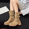 Ruodan Thick Heel Western Cowboy Boots Women's Autumn New Mid-heel Retro Square Head Thick-soled Piled Boots Two Wear Medium Boots