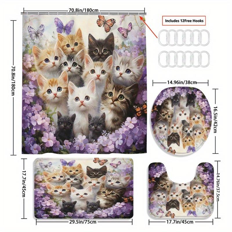 1/4 buc Lux Pisică și Fluturi Impermeabil Perdea de Duș Set Decorativ Baie Set Covor Antiderapant Covor Toaletă Capac Baie și 12 Cârlige
