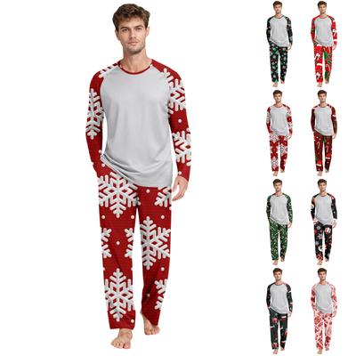 Men's Printed Round Neck Top Casual Comfortable Long-Sleeved Pants Pajama Set