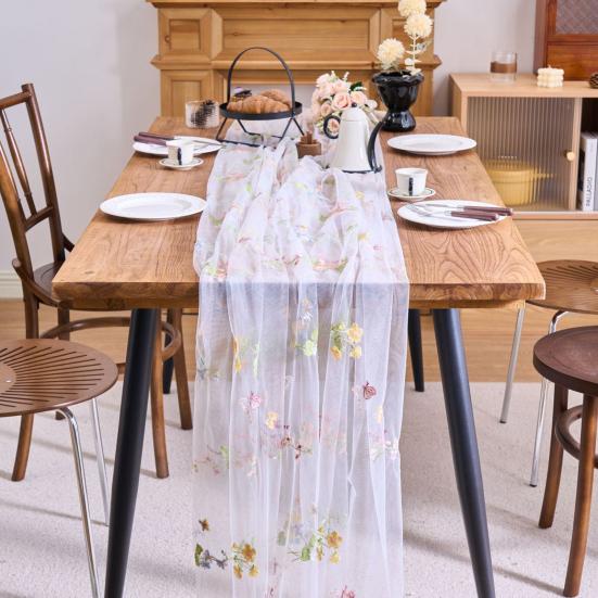Bestickter Blumiger Tischläufer Transparenter Tüll Tischläufer Schmetterlingsblumen Tischläufer für Esstisch Hochzeit Babyparty Frühlingsfest