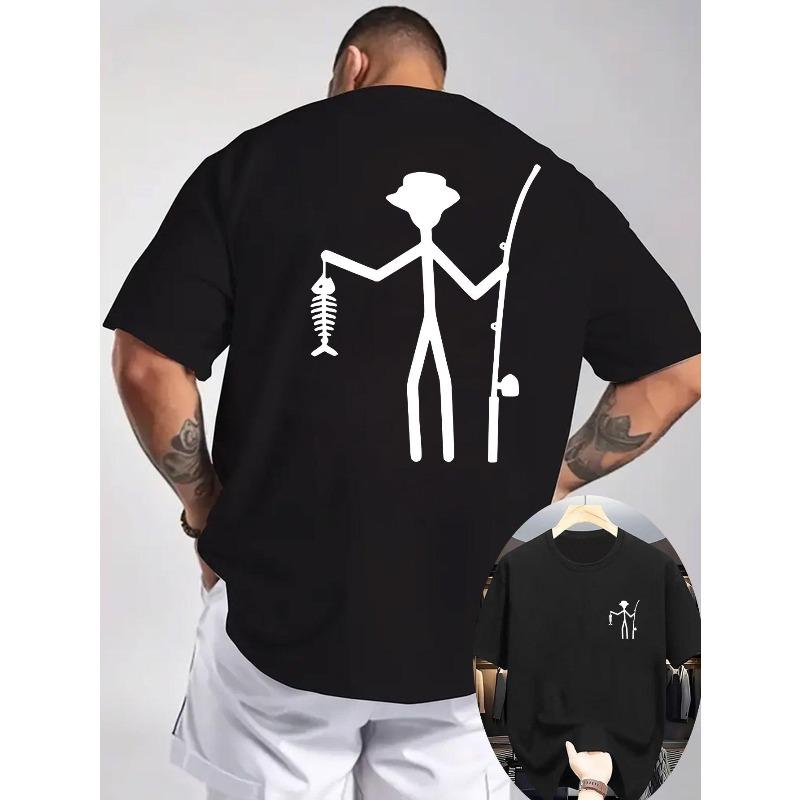 

Men S Casual T-Shirt with Ribbed Round Neck And Short Sleeves, Refreshing And Comfortable, Featuring Double-Sided Printing with a Fishing Pattern S чёрный