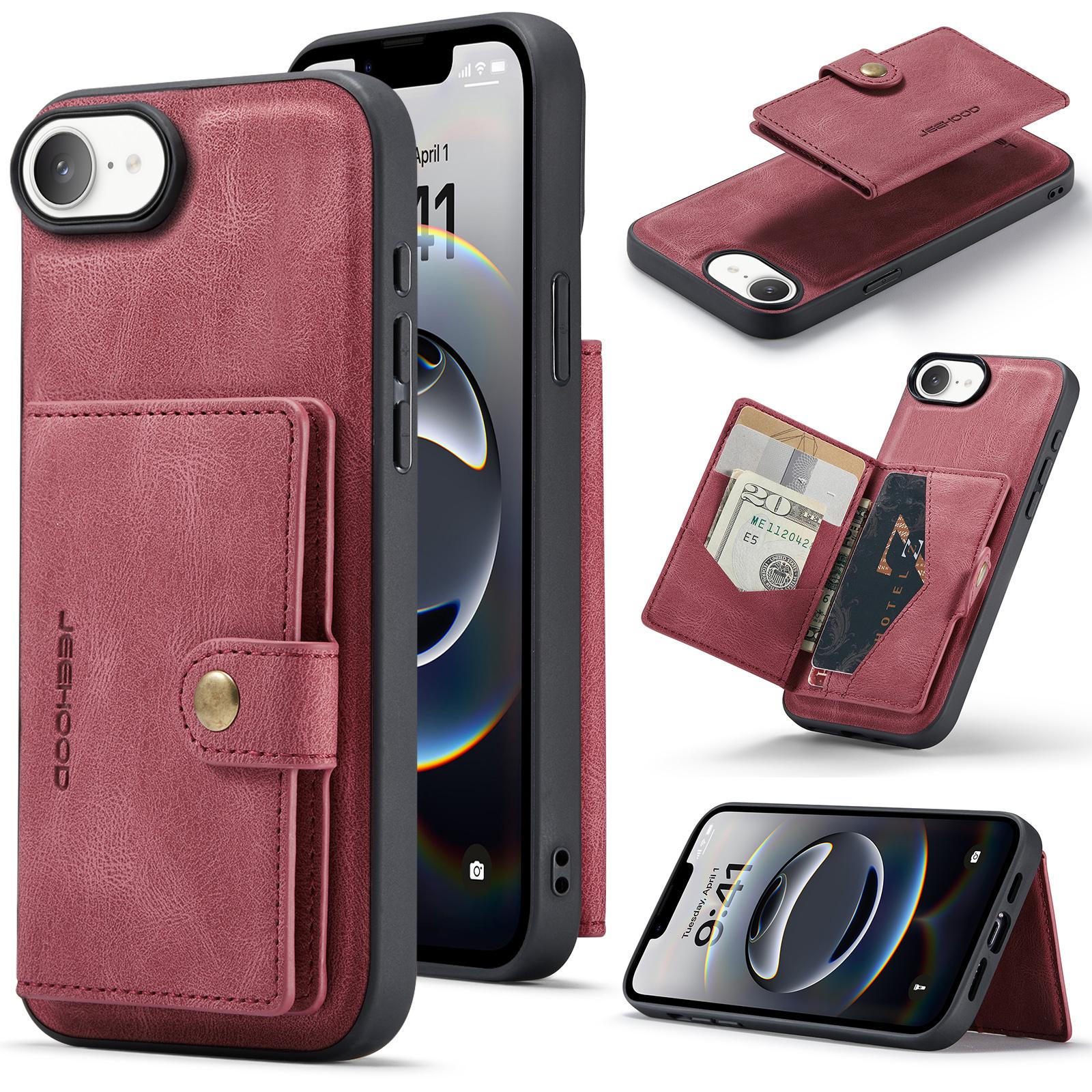 

For iPhone 16e Case JEEHOOD J01 Retro Leather Phone Back Cover with Detachable Magnetic Card Holder Red