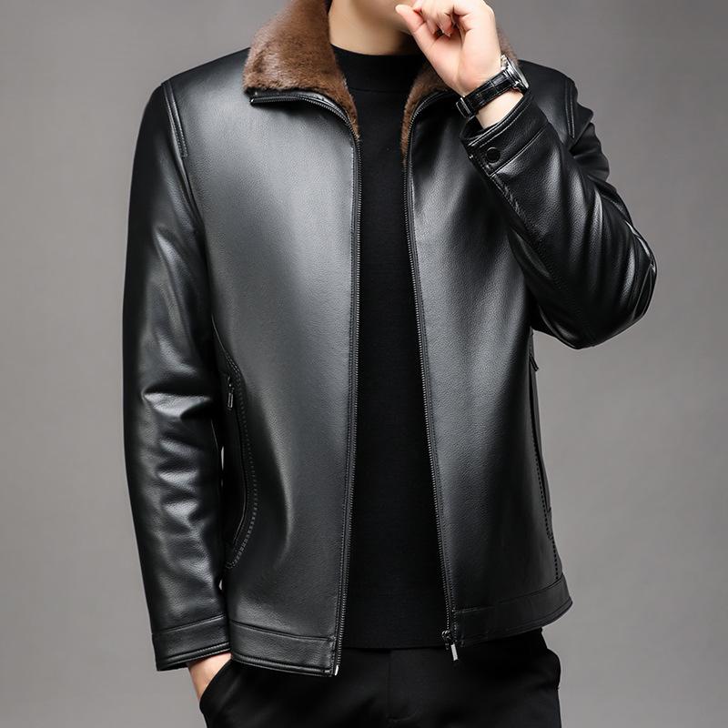 

New Style Leather Jacket for Men with Velvet and Thickening for Middle-aged and Elderly Men with Fur Integrated Winter Daddy Lapel Warm Leather Jacket 170