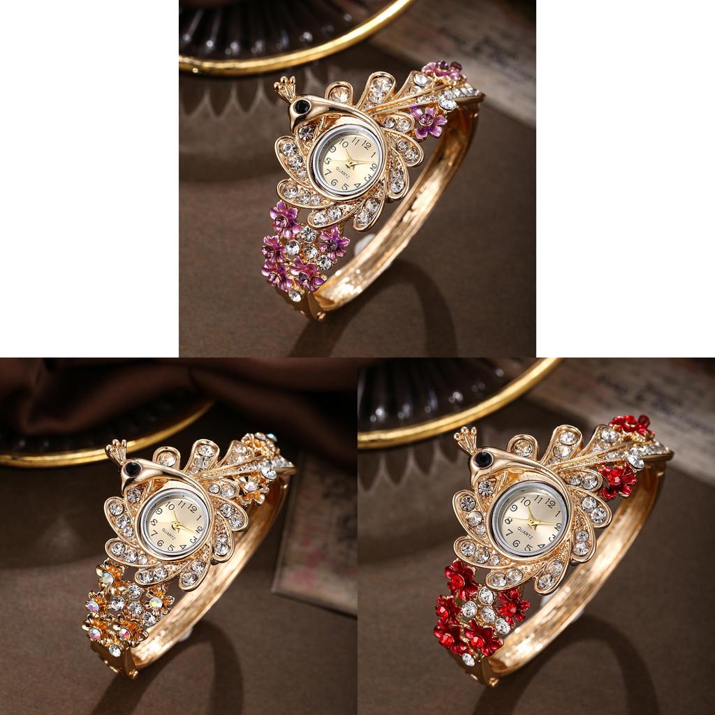 Ladies Peacock Stone Quartz Watch With Hollow Flower Alloy Bracelet For Fashion Accessory