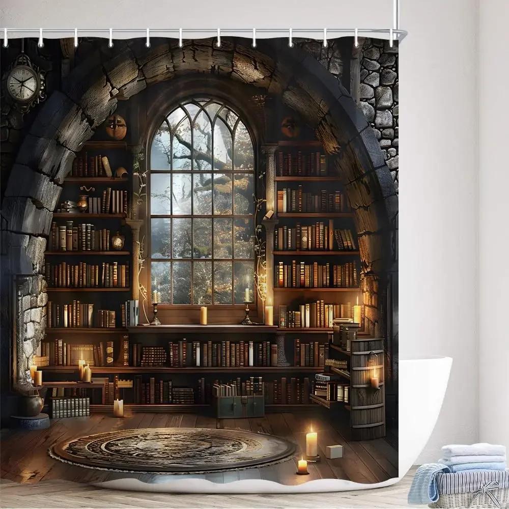 

Библиотека Занавеска для душа Винтажные Средневековые Книги Книжная полка Кошка Собака Листья Магия Готика Полиэстеровая ткань Ванная комната Декоративная занавеска 180x180cm-70x70in