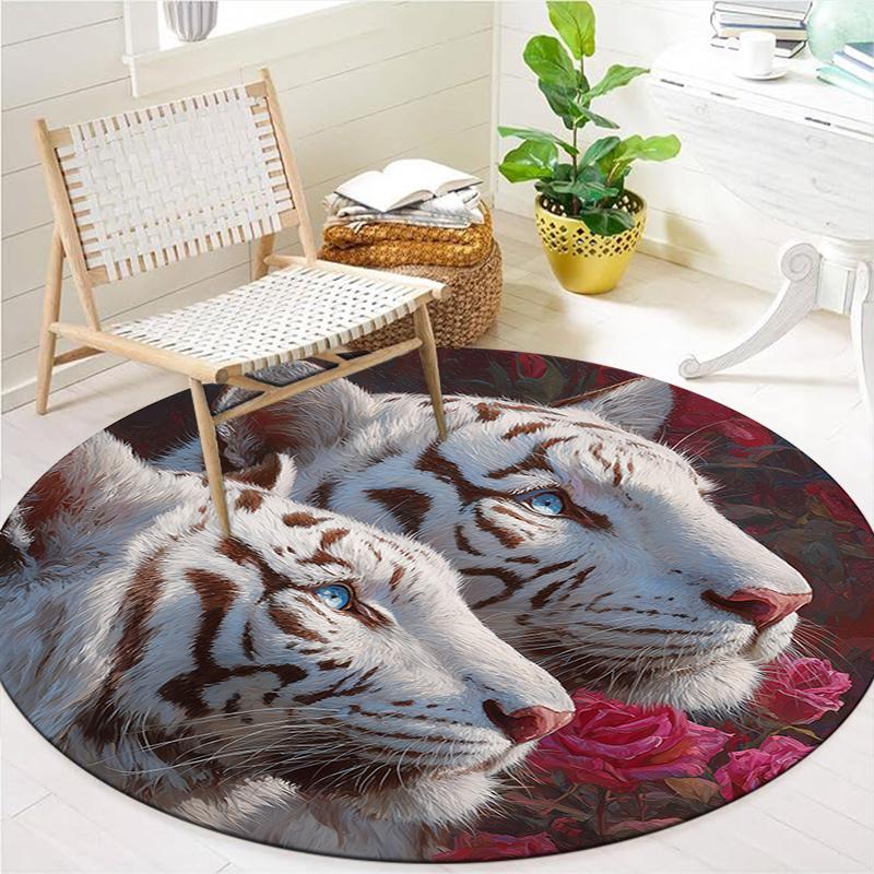 Roses and Tigers, Leopards Round Area Rug,Carpet Rug for Living Room Bedroom Sofa Playroom Decor,Non-slip Floor Mat