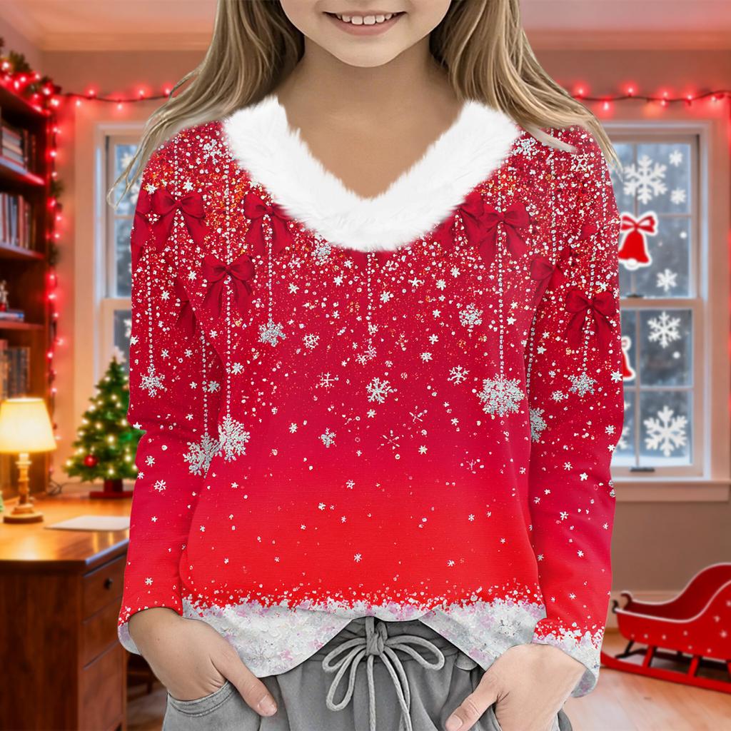 Christmas Day Girls Long Sleeve T Shirts Kids  Girls' V-Neck Tee Christmas Print Long Sleeve Top
