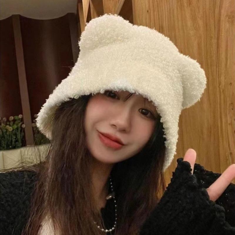 Bear Ears Plush Hat Women's Autumn and Winter Warm Ear Protector Big Head Circumference Show Face Small Wool Hat Pullover Hat
