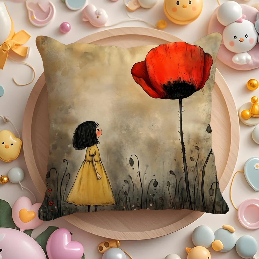 The girl is holding flowers Cushion Cover Short Plush DoubleSided Printing Home Machine Washable in Warm Winter Pillow Cover