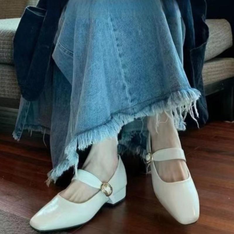 Fashion Women's Low Heel Shoes Spring New Square Head Shallow Mouth Metal Buckle Soft Sole Anti-slip Wear-resistant Low Top Shoes
