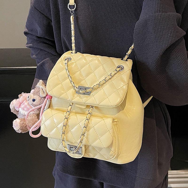 Sweet rhombus chain double shoulder small backpack gentle feeling fashion leisure commuter shoulder bag