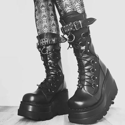 2022 Women's Punk Style Wedge Heel Knight Boots, Large Size, Thick-Soled Mid-Tube, European & American Design