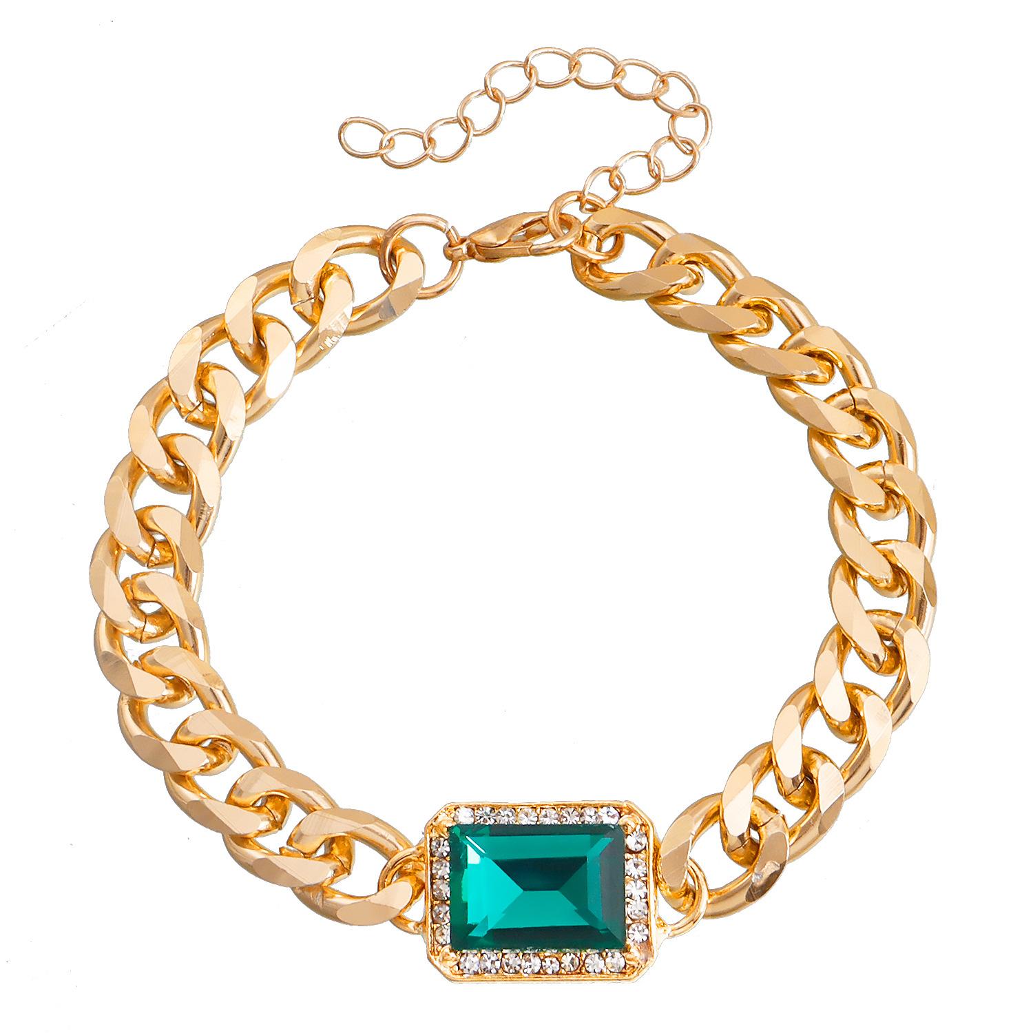 Popular European and American, retro agate green small square imitation diamond necklace bracelet set, alloy tide accessories