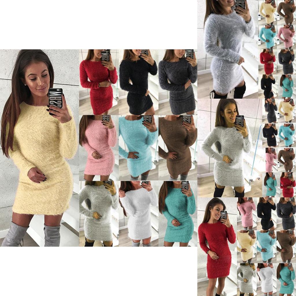 Women's Fluffy Long Sleeve Sweater Top Cozy Bodycon Mini Jumper Dress Blouse