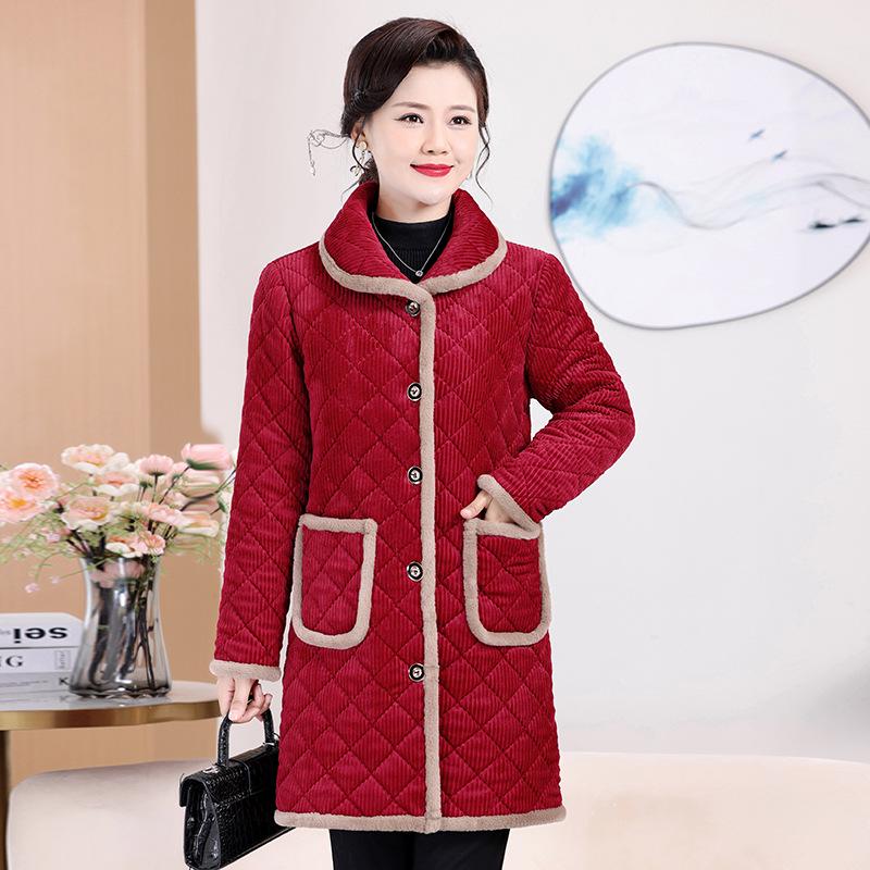 Warm Fleece-Lined Cotton Jacket for Middle-Aged & Elderly Women - Mid-Length, Loose Fit, Ideal for Autumn & Winter