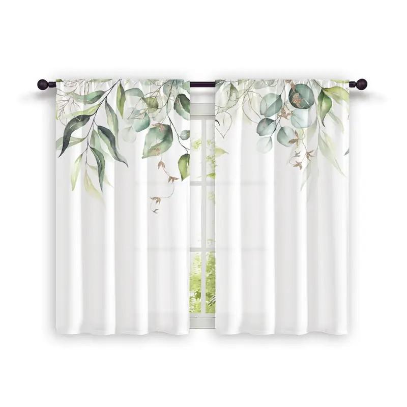 2pcs Fresh Eucalyptus Leaf Curtains: Suitable for Kitchen / Daily Use, Minimalist Style, Rod-Pocket