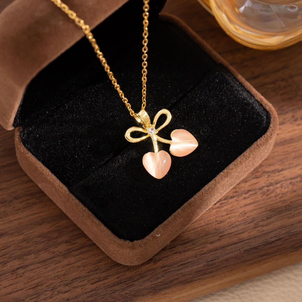 Cherry Cat's Eye Necklace: Luxury Bow Pendant, Titanium Steel Clavicle Chain for Women