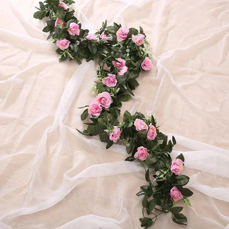 New Vine Hanging Silk Artificial Rose Flowers for Wall Christmas Fake Plants Leaves Garland Romantic Wedding Home Decoration