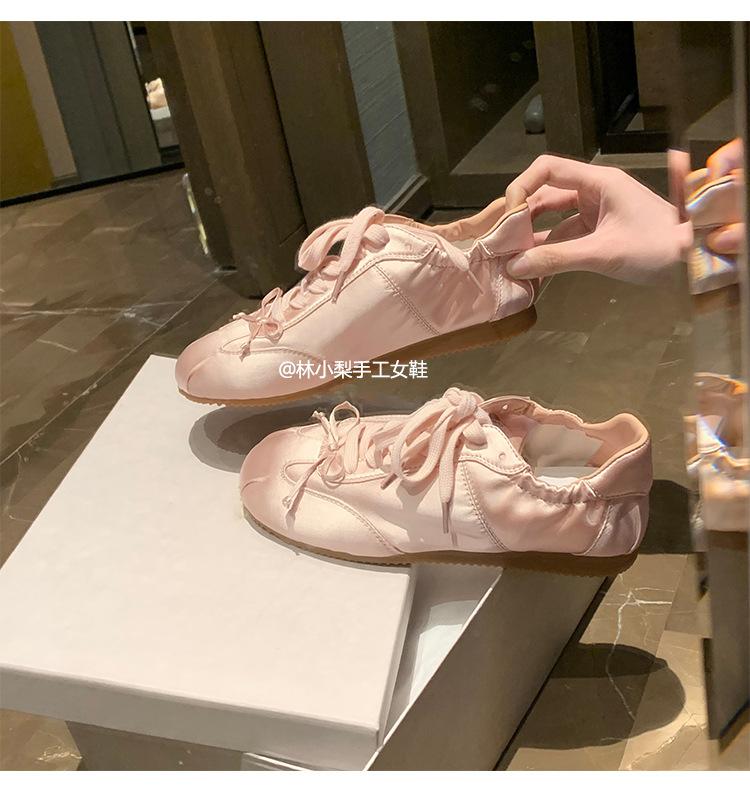 Sheepskin Version Ballet Style Sweet Sister Round Head Satin Sneakers Women's Bow Casual Shoes New German Training Shoes Single Shoes
