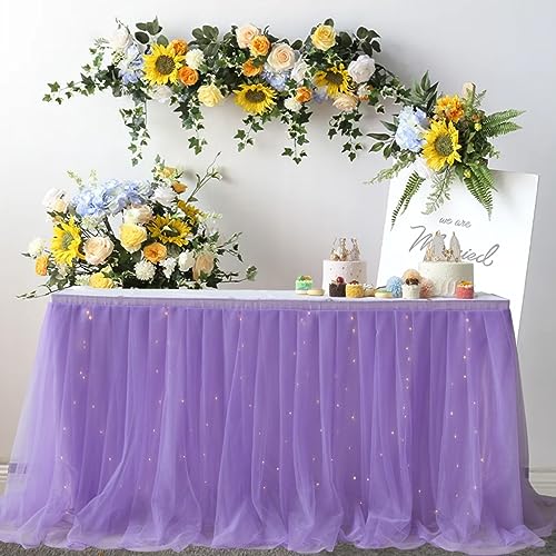 Sheer Table Skirt Tablecloth 3-Ply with LED Lights Premium Gold Edge Wedding Party Cake Table Decoration