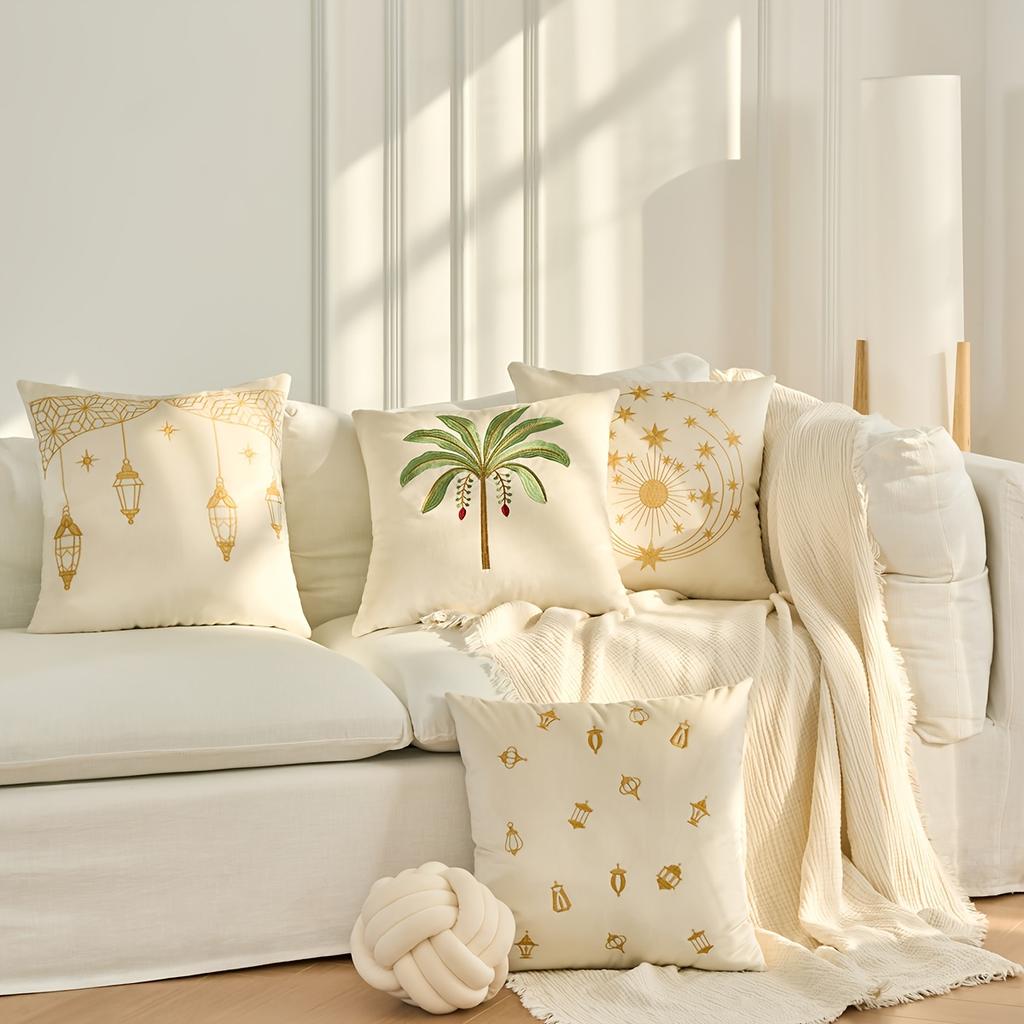 Tropische Palme Kissenbezug Bestickt Grüner Pflanzenprint Boho Küsten Kissenhülle Für Sofa Bett Couch Strandige Heimdeko