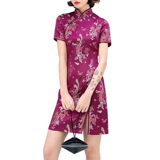 Воротник-стойка с короткими рукавами, дисковые пряжки, женское платье Cheongsam с вышивкой, принтом Дракона и Феникса, в китайском стиле, мини-платье Ципао L вино красного