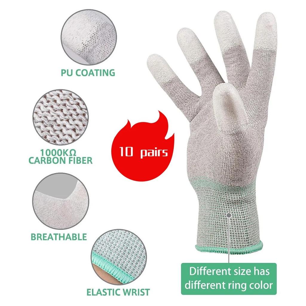 10 Pairs PU Coated Carbon Fiber Anti-Static Work Gloves, Touchscreen Compatible for Repair, Installation, Sorting, and Packaging