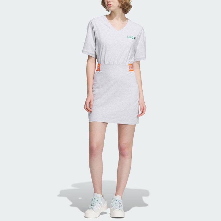 Adidas Originals Collegiate Dress Letter Logo Print Slim Fit Color Block Sports College Style Short Sleeve Dress Women Dresses Light-Gray IU4771